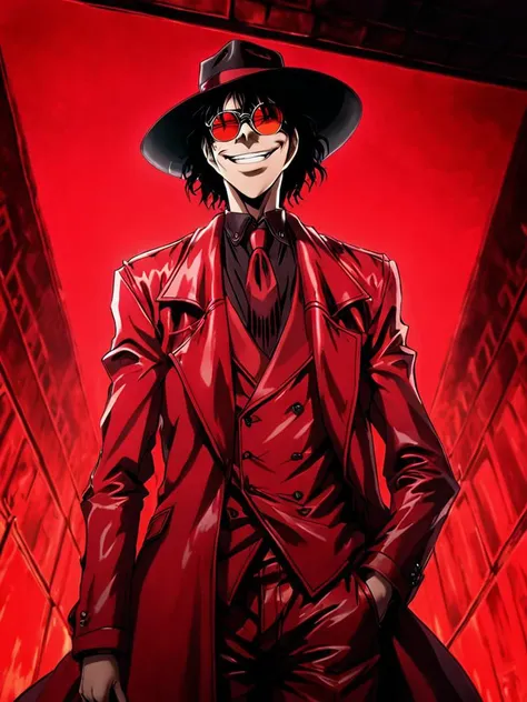 masterpiece,high quality,
, <lora:hellsing_ultimate_style:0.8>,
hellsing_ultimate_style,
1boy,solo,black hair,fedora,evil grin,glasses,reflection,red leather clothes