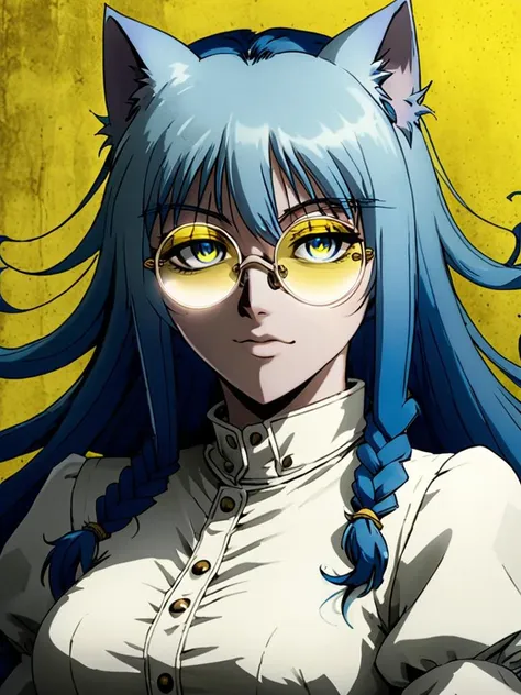 masterpiece,high quality,
, <lora:hellsing_ultimate_style:0.8>,
hellsing_ultimate_style,
1girl,solo,portrait,catgirl,blue hair,,white dress,yellow glasses