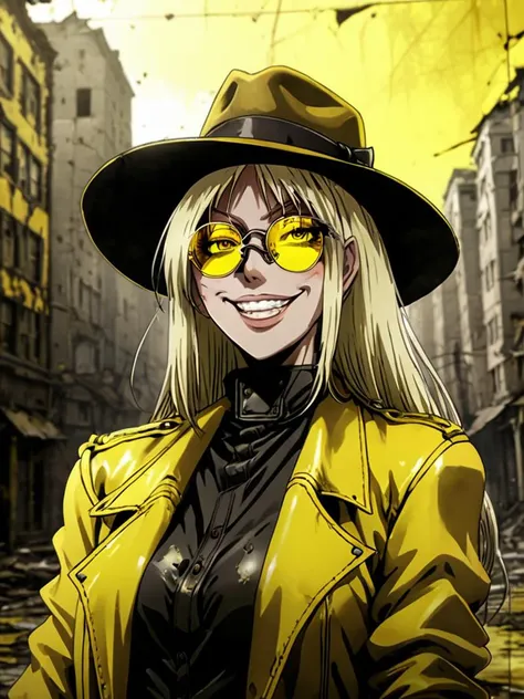 masterpiece,high quality,
, <lora:hellsing_ultimate_style:0.8>,
hellsing_ultimate_style,
1girl,solo,blonde hair,fedora,evil grin,glasses reflection,yellow glasses lens,ed leather clothes,ruined city backround