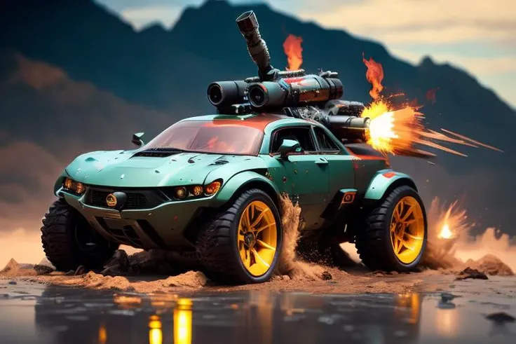 <lora:battleCars_v2:1>, battlecar,pannig shot, car wheels are turning fast, futuristic car,bazooka on it,gatling gun, ultra-detailed, splatted rock,off_Load,mud,masterpiece, best quality, splash, sparks, electricity,dynamic scene,