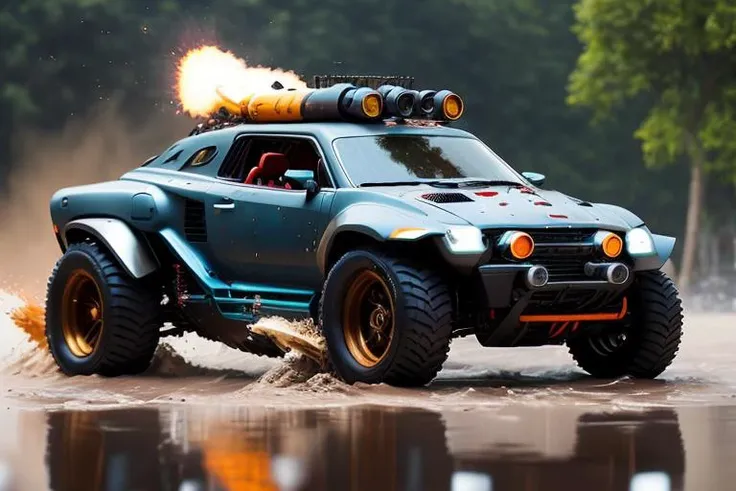 <lora:battleCars_v2:1>, battlecar,car is running, futuristic car,bazooka on it,gatling gun, ultra-detailed, splatted rock,off_Load,mud,masterpiece, best quality, splash, sparks, electricity,