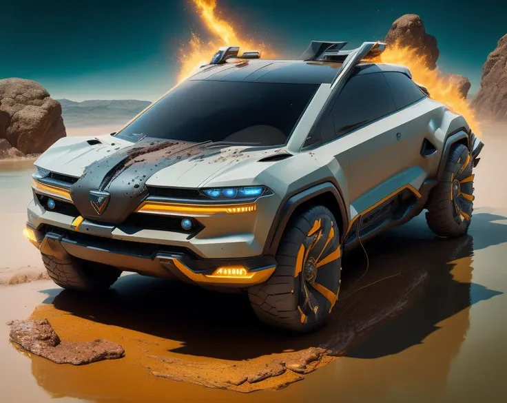 <lora:battleCars_v2:1>, battlecar, pannig shot, futuristic car, ultra-detailed, splatted rock,off_Load,mud,masterpiece, best quality, splash, sparks, electricity,dynamic scene,