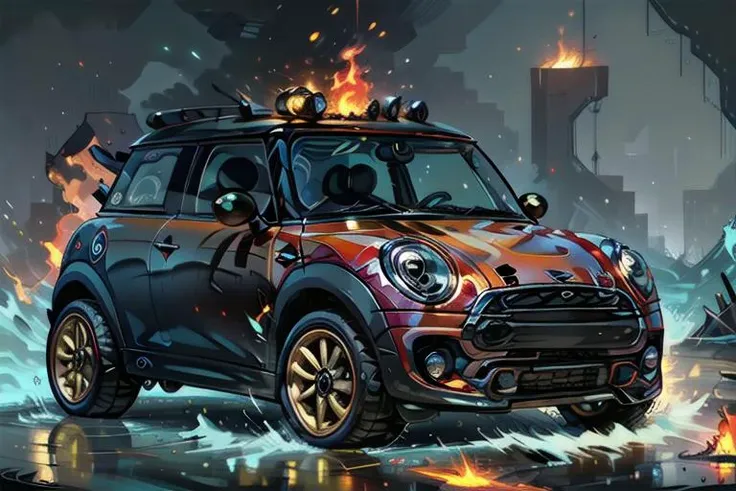 (masterpiece, best quality:1.1), ultra-detailed, (Mini Cooper S:1.1), vehicle focus, no humans, car, wheel, tire, debris, splash, sparks, fire, glowing, water, dirty, <lora:BattleCars_v2_50_clip2_R-128:1.1>