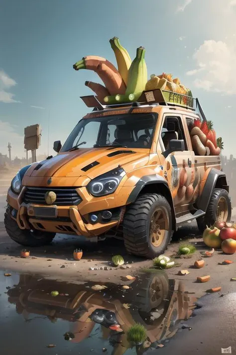 absurdres, slot machine, carrot, apple, (banana), fruit, trash bag,, <lora:BattleCars:1>, battlecar,, WPAP Style