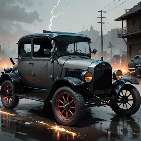 (masterpiece, best quality:1.1), ultra-detailed, (battlecar:1.1), (ford model T:1.08), (painted matte gray with red accents:1.05), vehicle focus, no humans, car, wheel, tire, debris, splash, sparks, electricity, glowing, water, dirty,<lora:BattleCars_v2_50_clip2_R-128:0.8>