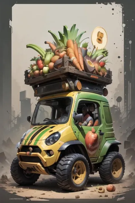 absurdres, slot machine, carrot, apple, (banana), fruit,, <lora:BattleCars:1>, battlecar,, WPAP Style