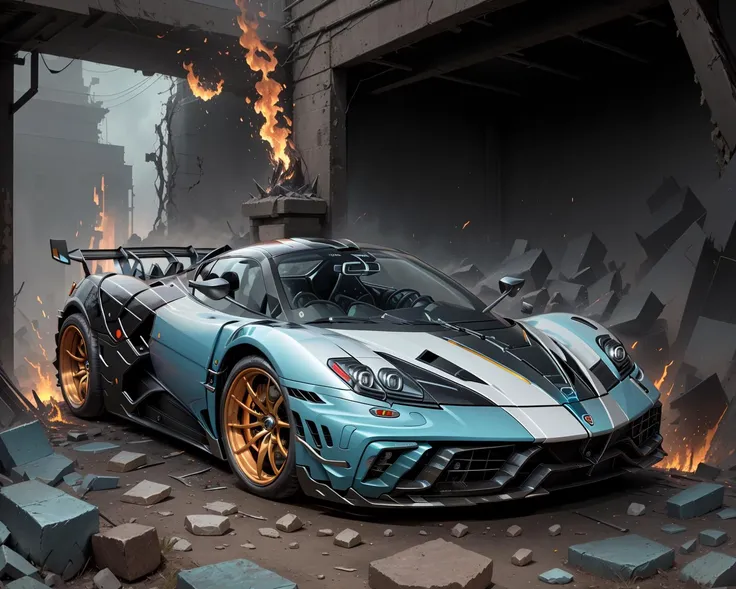 (battlecar:1.1), (pagani:1.08), (painted light blue:1.05), vehicle focus, no humans, car, wheel, tire, debris, fire, spike, debris, rock, clean