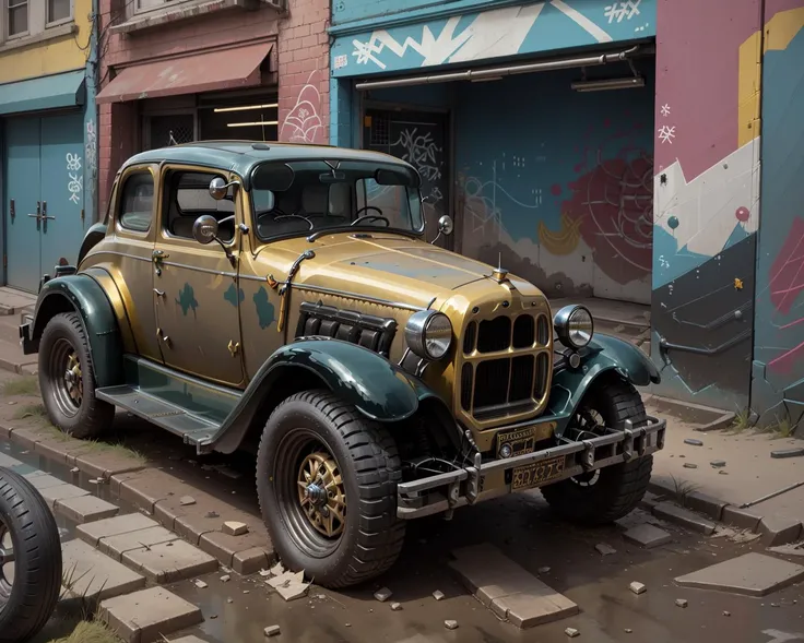 (battlecar:1.1), (ford model A:1.08), (painted glossy gold:1.05), vehicle focus, no humans, car, wheel, tire, debris, graffiti, urban wasteland, clean
