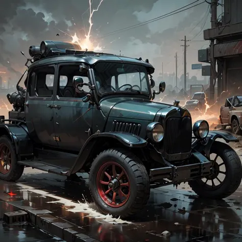 (masterpiece, best quality:1.1), ultra-detailed, (battlecar:1.1), (ford model T:1.08), (painted matte gray with red accents:1.05), vehicle focus, no humans, car, wheel, tire, debris, splash, sparks, electricity, glowing, water, dirty,<lora:BattleCars_v2_50_clip2_R-128:0.8>