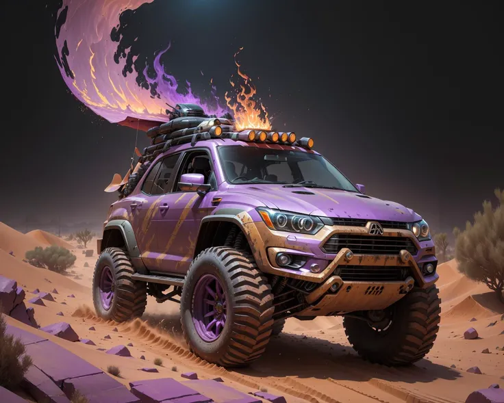 (battlecar:1.1), (Windsurfer:1.08), (painted purple flame:1.05), vehicle focus, no humans, debris, sand, desert, dunes, oasis, clean