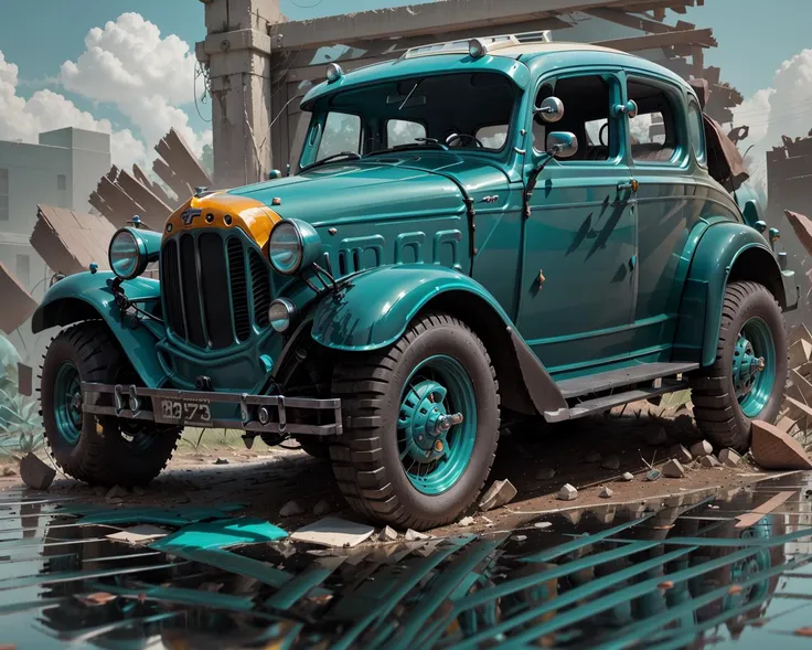 (battlecar:1.1), (ford model A:1.08), (painted teal:1.05), vehicle focus, no humans, car, wheel, tire, debris, smooth floor, reflection, clean