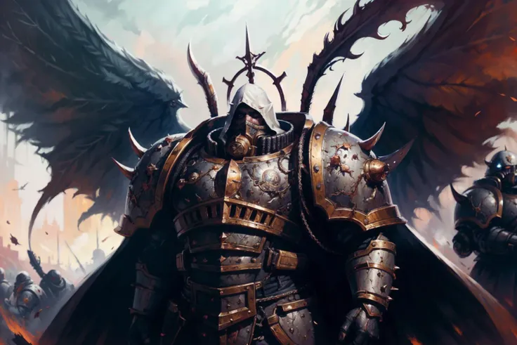 RAW candid cinema, 16mm, color graded portra 400 film, remarkable color, ultra realistic, shot with cinematic camera, masterpiece, best quality, face closeup, holding scythe. <lora:Mortarion MK1 by CARAXES:0.6>, standing, closed fist, ((ascended, wings, multiple wings, rot, giant))
1man, mortarion, detailed armor, cape, spikes, intricate ornamented, full armor, hood, respirator, gaunt face, pale skin, smiling, crooked smile, dirty teeth, skin pores, dark eye circles, sick, rugged, metallic sheen armor, serious looking, wearing full armor, thick smoke in background,
, <lora:more_details:0.5> <lora:Elixir:0.5> <lora:dieselpunk:0.5>