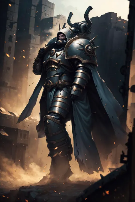 volumetric cinematic lighting, (highly detailed:1.4), smooth, sharp focus, full body 8k unity render, action shot, realistic reflections, cinematic composition,<lora:tool - add_detail:1>
mortarion, <lora:Mortarion MK1 by CARAXES:0.7>
detailed armor, detailed face, detailed armor, cape, spikes,
intricate ornamented, full armor,
gasmask, gaunt face, pale skin, skin pores, rugged, metallic sheen armor, serious looking, dynamic posture, ascended, giant, close-up, upper body, portrait,
ruined factory, war, urban landscape background, particles floating, clear sky, bright cinematic lighting, soft shadows, from side
