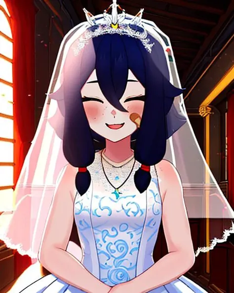 1girl,<lora:CrayonVT_v2_00010:1>,crayonvt,virtual youtuber,solo,jewelry,blush,necklace,star \(symbol\),wallpaper,((wedding dress:1.4)),(veil:1.2),(white dress:1.2),crown,bridal,smile,ruanyi0263,((bridal veil:1.2)),bride,lace