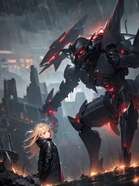 masterpiece, best quality, 1girl, red eyes, blonde hair, mechanical legs, raincoat, black gloves, black coat, raining, headset, long hair, mecha, wet, ruins,