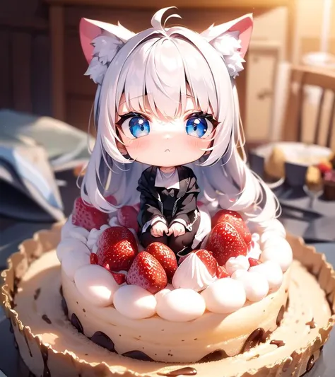 masterpiece, best quality, long hair,  blue eyes, chibi, cake, animal ears, cutlery, strawberry,