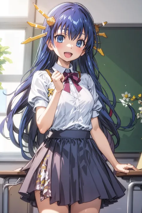 1girl, masterpiece, best quality, illustration, lia parapara leazas, classroom, standing, school uniform, hair ornament, :d, <lora:Lia:0.75>