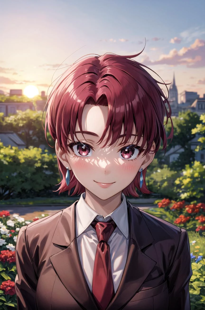 ((masterpiece,best quality, detailed)), 1girl, solo, outdoors, garden, upper body, sunset, smile, closed mouth, portrait,
bazett fraga mcremitz, red necktie, earrings, brown jacket, white shirt, <lora:BazettV7-000008:0.8>, <lora:more_details:0.5>