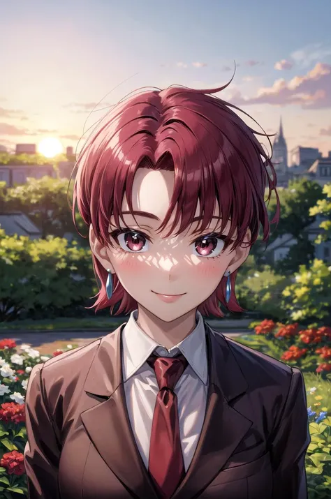 ((masterpiece,best quality, detailed)), 1girl, solo, outdoors, garden, upper body, sunset, smile, closed mouth, portrait,
bazett fraga mcremitz, red necktie, earrings, brown jacket, white shirt,  <lora:BazettV7-000008:0.8>,  <lora:more_details:0.5>