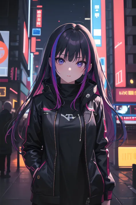 ((8k, best quality, master piece: 1.3)),super high resolution,(1 girl, solo), (colorshift eyes, hyperdetailed, expressive sparkling, glitter, glowing eyes), ultra detailed eyes, ultra-detailed face, random hair, ((pastel color)),A delinquent girl. The background is a parking lot at night, with several old cars parked there. The girl has a rock style, wearing black leather pants and a tank top. The tank top is simple black, and a silver chain necklace shines on her chest. The angle is set to a bust shot so that her expression can be seen well. The girl has a cool, expressionless face, and her big eyes calmly look around her surroundings. Her skin is a healthy olive color, and a silver piercing shines in her nose. Her hair is long and undercut, with only the top part hanging down. Her hair is jet black, and it shines glossily in the light.
She holds a cigarette in one hand and the other hand is in her pocket. She stands relaxed, but there is something wary about her. In the background are old cars, the dim parking lot lights, and the city lights visible in the distance. The parking lot is littered with trash and graffiti, giving the overall atmosphere a desolate one.
The texture of the girl's pants, the details of her hair, and the shine of her necklace are depicted in detail. The dim lighting brings out her cool expression, recreating a dark and eerie atmosphere overall. Her calm gaze and relaxed posture give the impression of the strength and loneliness of a delinquent girl.A vibrant night scene with neon pulse effects. Colorful neon lights pulse rhythmically, casting dynamic, glowing hues across the image. These neon pulses create a lively, energetic atmosphere, highlighting the subject with a vibrant, electric glow. The dynamic light patterns enhance the modern and bustling feel of the scene