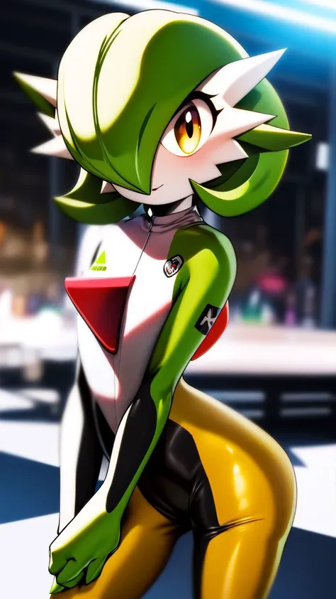 masterpiece, best quality, 1boy, bentennyson, gardevoir, female, wide hips, big butt, green eyes, black skimpy shorts, black bra, smile, city background