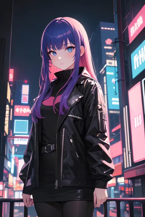 (masterpiece, best quality, detailed), ((1girl)), solo, looking at viewer, long hair, rainbow hair, outdoors, cyberpunk, city, night, city lights, neon lights,
