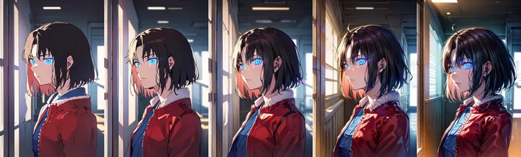 ((masterpiece,best quality, detailed)), 1girl, solo, indoors, corridor, sunset, window, upper body, portrait,
ryougi shiki, red jacket, blue kimono, glowing eyes,  <lora:RyougiShikiV2-000016:0.9>,  <lora:more_details:-1>