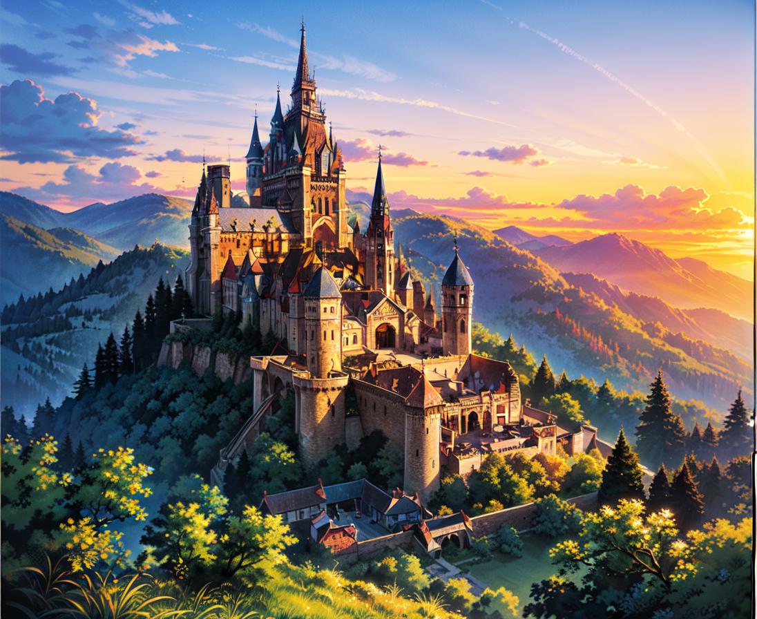 A painting of a castle on a hill with a sunset in the background ...