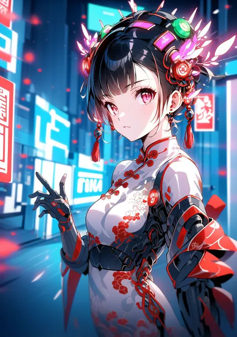 <lora:cyberhanfu_v1:0.8>,cyberhanfu,cheongsam,chinese clothes,neon,1 girl,chinese clothes,in white and pink,cyberpunk city,dynamic pose,headdress,hair ornament,cyberpunk,a high-tech city,full of machinery and futuristic element,futurism,technology,outdoors,standing,short hair,portrait,