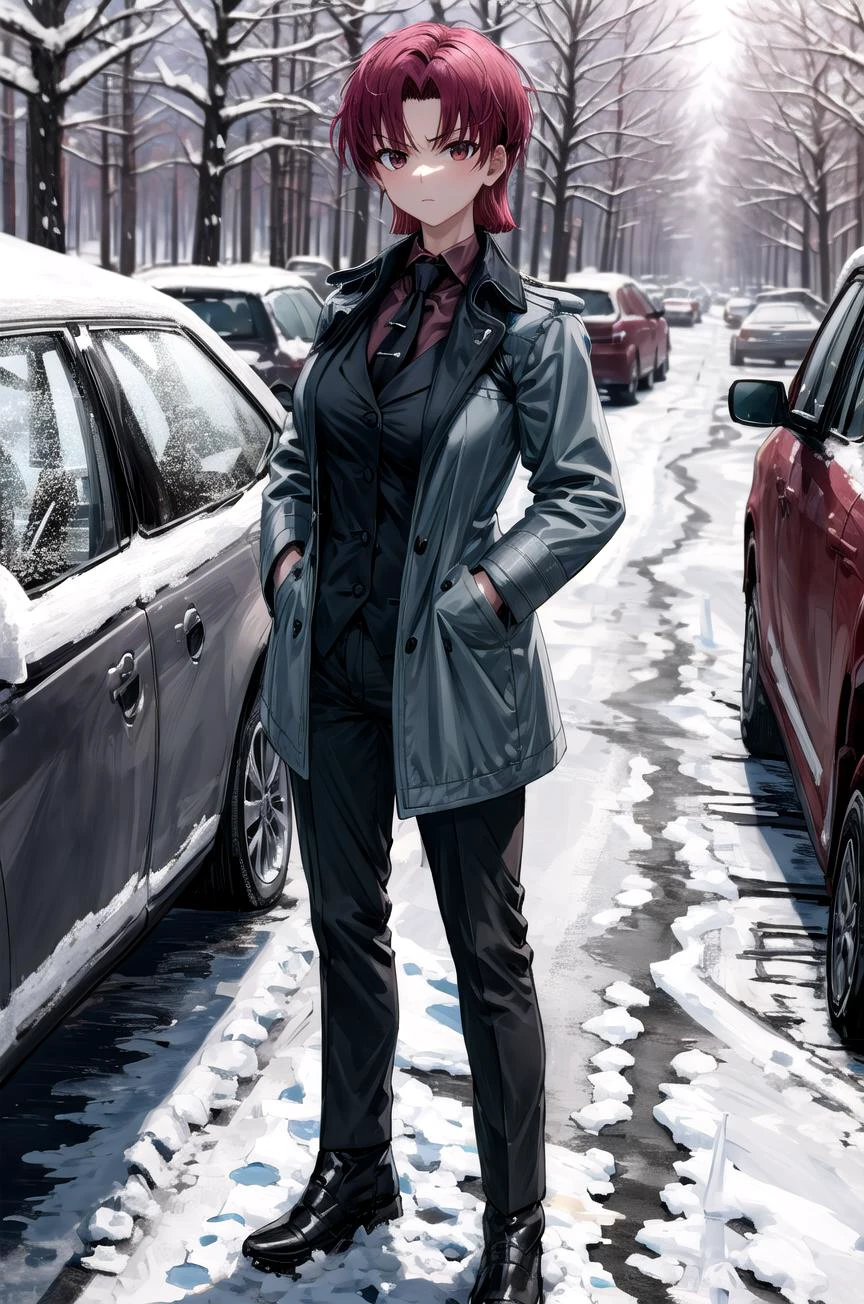 (masterpiece, best quality, detailed), 1girl, solo, outdoors, snow, winter, full body, forest, serious, hands in pockets, looking at viewer,
bazett fraga mcremitz, pant suit, black necktie, black jacket, red shirt, grey coat, black pants, <lora:BazettV7-000008:1>, <lora:more_details:0.5>, long coat, black boots