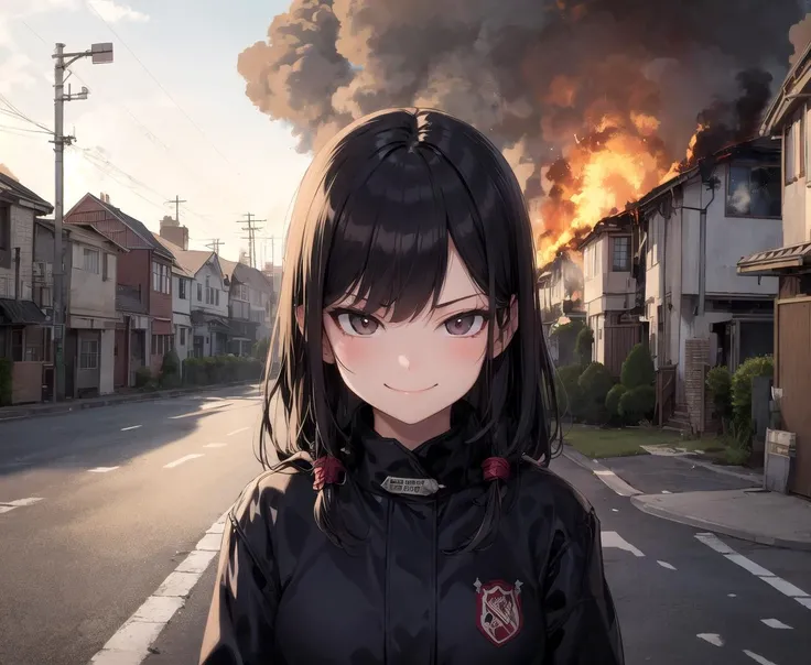 masterpiece, best quality, 1girl, outdoors, street, house on fire, burning, evil smile, looking at viewer, closed mouth, smug,