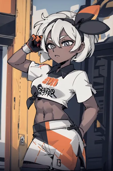 (masterpiece,best quality, detailed), 1girl, solo, outdoors, street,
bea \(pokemon\),bow hairband, print shirt, tied shirt, black bodysuit, bodysuit under clothes, single glove, print shorts, <lora:SaitouV1-000013:1>, <lora:helltakerLora_10:0.6>