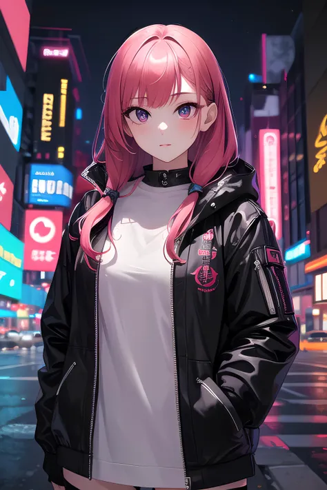 (masterpiece, best quality, detailed), ((1girl)), solo, looking at viewer, long hair, rainbow hair, outdoors, cyberpunk, city, night, city lights, neon lights,