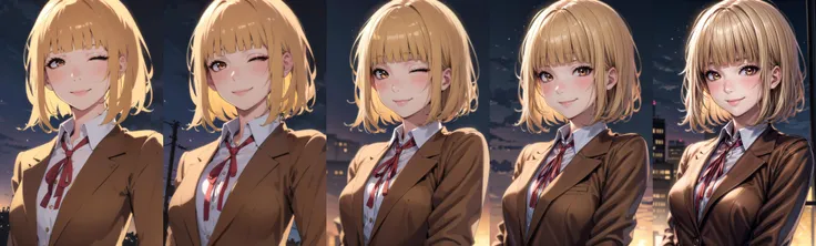 (masterpiece,best quality, detailed), 1girl, solo, outdoors, evening, upper body, smile, closed mouth, squinting, eyelashes,
midorikawa hana, brown jacket, neck ribbon, collared shirt, school uniform, <lora:MidorikawaHanaV8:1>, <lora:more_details:-1>