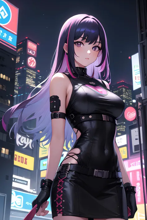 (masterpiece, best quality, detailed), ((1girl)), solo, looking at viewer, long hair, rainbow hair, outdoors, cyberpunk, city, night, city lights, neon lights,