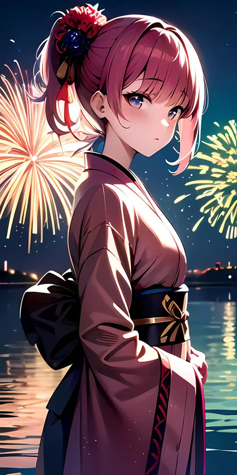 (fireworks), 1girl,(matsuri) (kimono), pigtails, pink hair, (absurdres, highres, masterpiece), (night), vibrant colors, fluid colors, fine detailed beautiful face, ultra detailed, cowboy shot