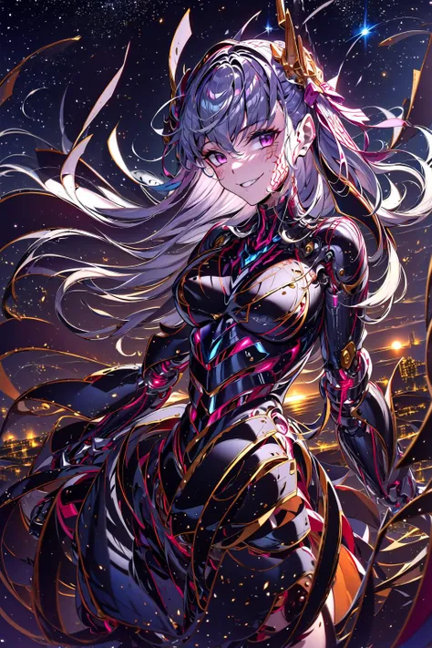 ((masterpiece,best quality, detailed)), 1girl, solo, cowboy shot, outdoors, night, cityscape, starry sky,
<lora:DarkSakuraV2-000015:0.85>, dark sakura, hair ribbon, evil smile, parted lips, empty eyes,
<lora:A-Mecha-REN:1.4>, (mecha musume, mechanical parts, robot joints)