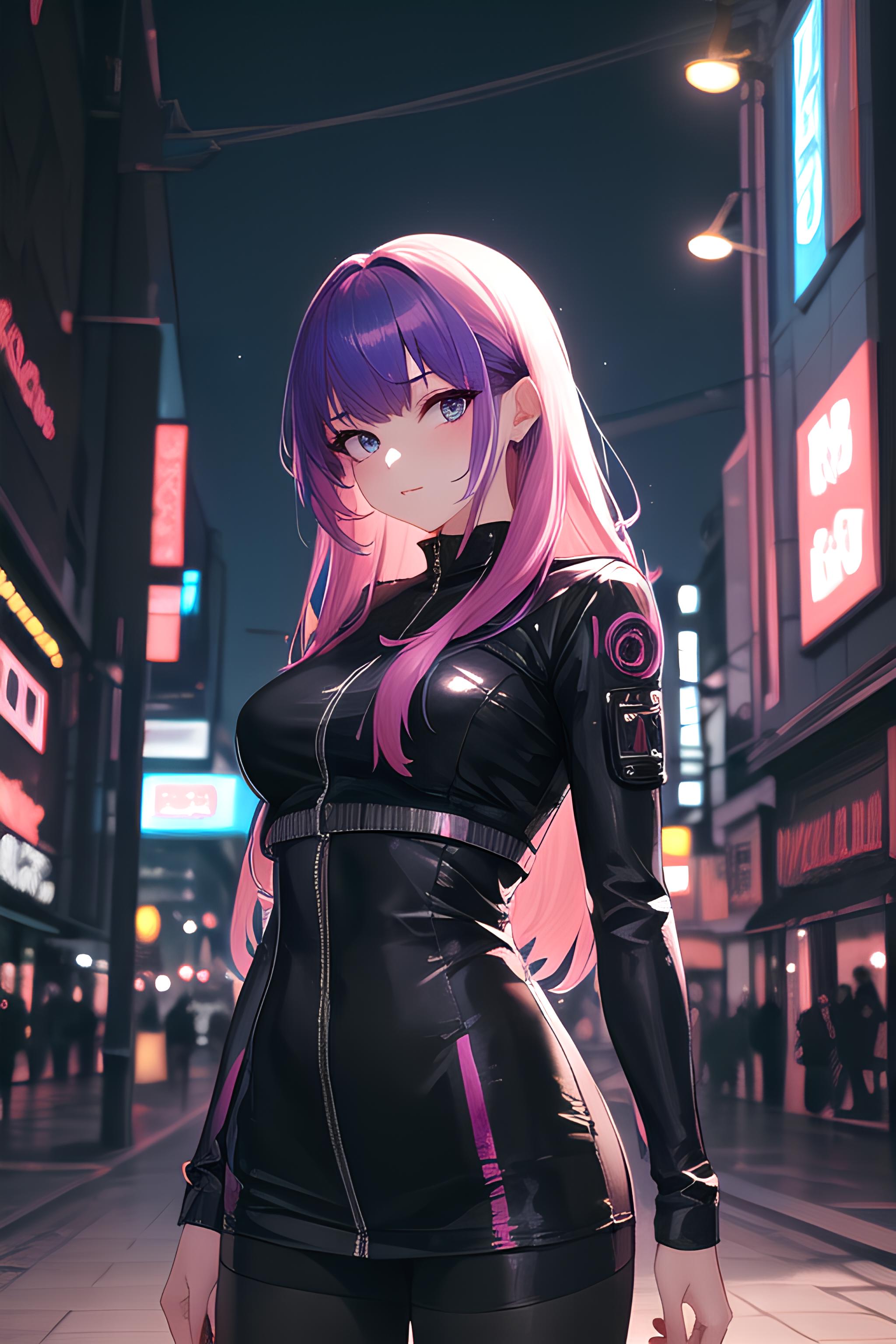 Anime girl in outfit standing on street at night - SeaArt AI