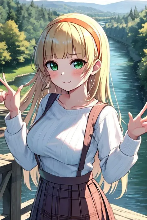 heanna_sumire_lovelivesuperstar, blonde_hair, bangs, green_eyes, long_hair, blunt_bangs, headband, blush,