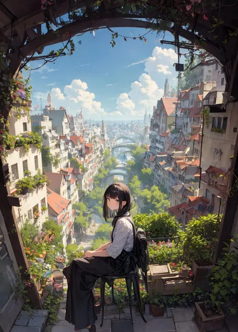 1girl, sitting, architecture, garden, panoramic cityscapes, looking at viewer,