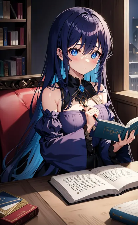 masterpiece, best quality, 1girl, potion, dark moody lighting, glow, glowing, mysterious, mystical, magical, rim lighting, blue eyes,
1girl, bangs, bare_shoulders, book, closed_mouth, detached_sleeves, hair_between_eyes, hair_ornament, holding, holding_book, holding_pen, indoors, long_hair, long_sleeves, looking_at_viewer, open_book, pen, quill, reading, sitting, solo
