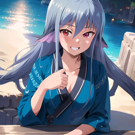 (masterpiece, best quality, intricate details, ultra details, ultra quality, highres, best shadow, best illumination, 4k)<lora:Levia:1><lora:Eyes:0.6>, Levia, (small breasts:1.5, flat chest), red eyes, detailed face, grin, face shot, short blue kimono, night sky beach background, detailed background, warm lighting, colorful:1.5