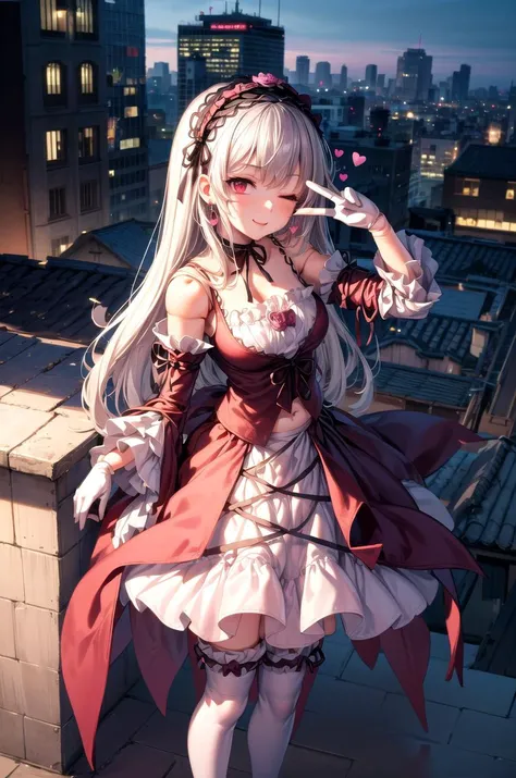 (masterpiece, best quality, detailed, highres), 1girl, solo, flexing, rooftop, cityscape, day, peace sign, standing, one eye closed,
suigintou, XXXXXX hairband, (magical girl), white choker, white thighhighs, earrings, elbow gloves, (heart brooch, pink bow, midriff, pink dress), doll joints
 <lora:SuigintouV4_1-000014:1> <lora:more_details:0.5>