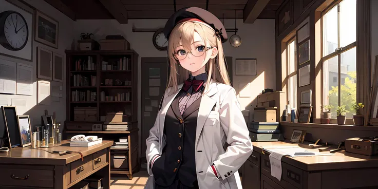 masterpiece, best quality, looking at viewer, clock, 1girl, beret, long hair, room, test tube, workshop, hands in pockets, glasses,