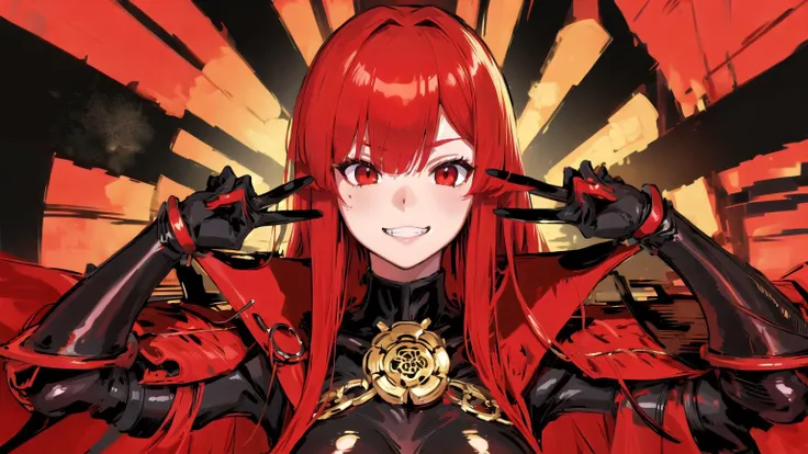 masterpiece,best quality, high resolution,1girl,EmoEng, double v, solo, grin, MaouNobu, Maou bodyarmor, red hair