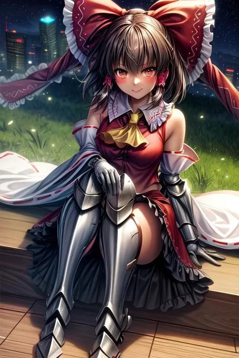 hakurei_reimu_touhou, (masterpiece,best quality, detailed), 1girl, solo, sitting, outdoors, night, building, from below, knee up, smile, parted lips, full body, city, skyscraper, looking at viewer,
short hair, taimanin suit, black leotard, fishnets, elbow gloves, vambraces, armored skirt, thigh boots