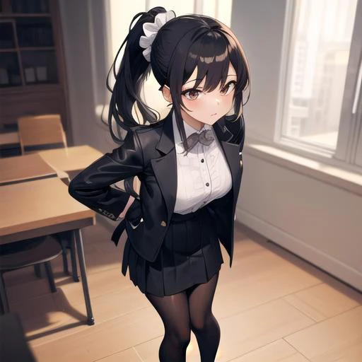 anime coloring, masterpiece, best quality, standing in class, face, 1girl, solo, medium breasts, latex, [white shirt:1], latex black jacket, neckline, long hair, hair band, ponytail, (long black hair ), ponytail ,latex formal, suit , hairclip, brown_eyes, [jacket:1] , scrunchie, bangs, latex skirt, stockings, latex shoes, <lyco:chabashira:1> chibase