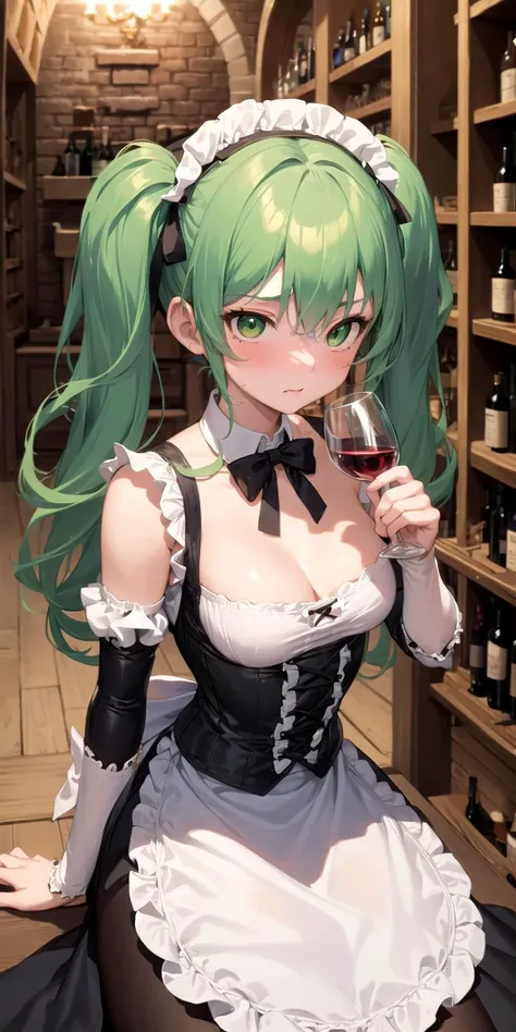 masterpiece, best quality, 1girl, victorian maid, green eyes, green hair, twintails, medium breasts, skirt, embarrassed, wine cellar, drunk, drinking,