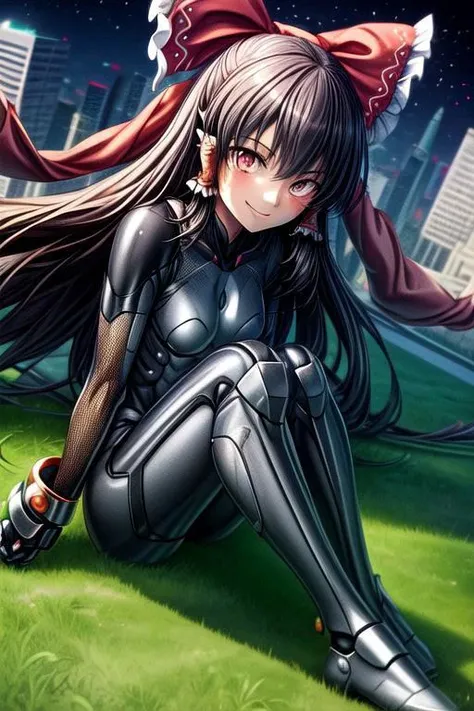 hakurei_reimu_touhou, (masterpiece,best quality, detailed), 1girl, solo, sitting, outdoors, night, building, from below, knee up, smile, parted lips, full body, city, skyscraper, looking at viewer,
hair ribbon, hair ribbon, black bodysuit, fishnets, pauldrons, gauntlets, armored boots