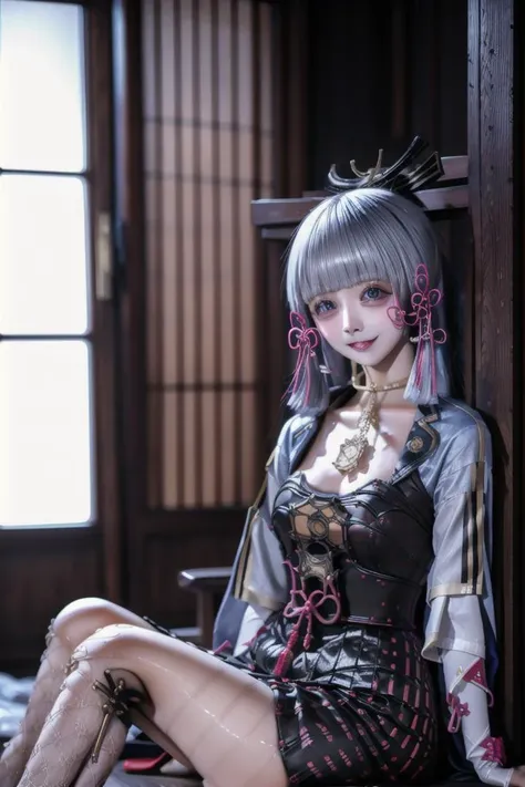 1girl,(solo:1.5),breasts,looking_at_viewer,cleavage,(heavy makeup:1.2),kamisato ayaka,(red nails:1.2),(expose:1.2),(sex:1.2),kyoto,ancient east asian architecture,brothel,(lewd smile:1.2),(lustful:1.2),(implied sex:1.2),(hooker:1.4),full body,cute,jewelry,gold trim,earrings,<lora:ayaka_r18_realistic:1.2>,<lora:ToonClub:0.6>,